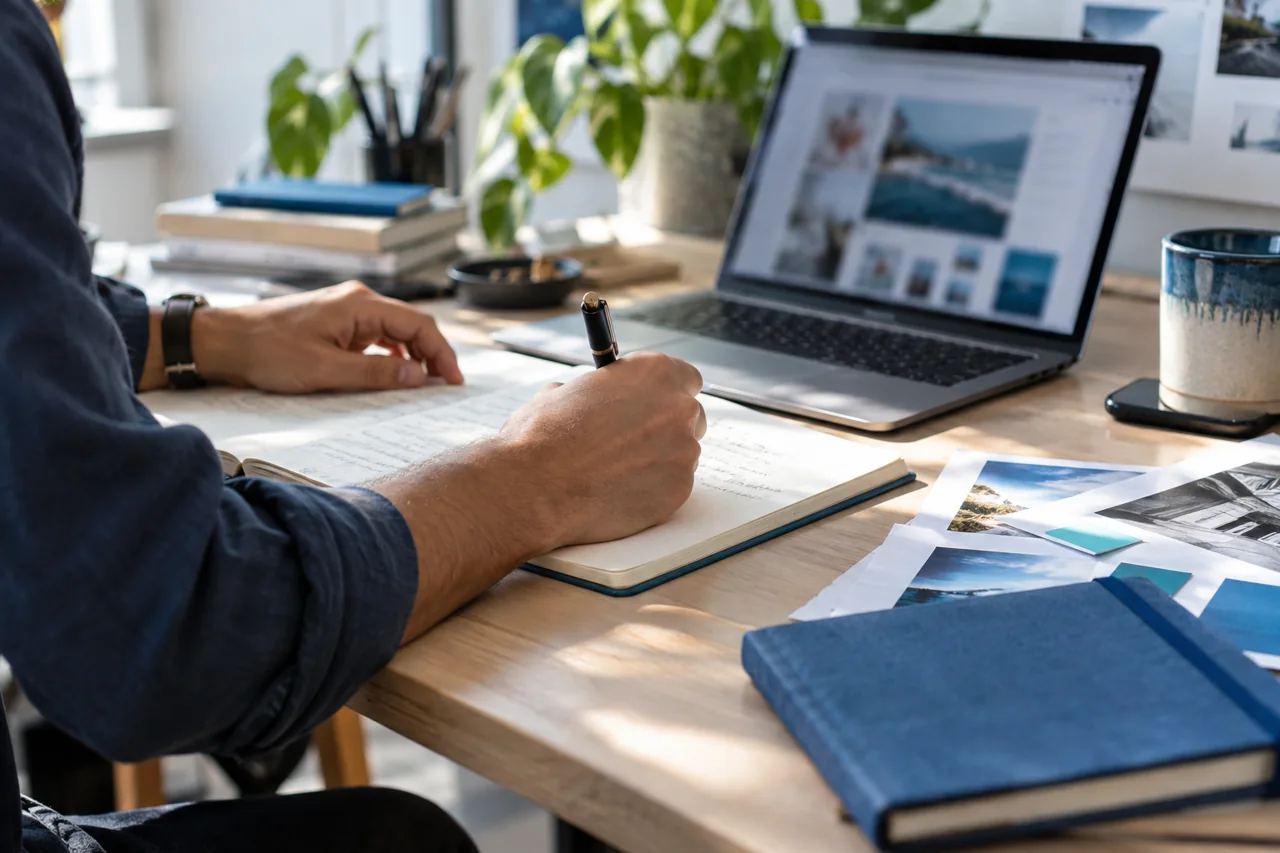 Appunti a mano e un computer sul tavolo di lavoro